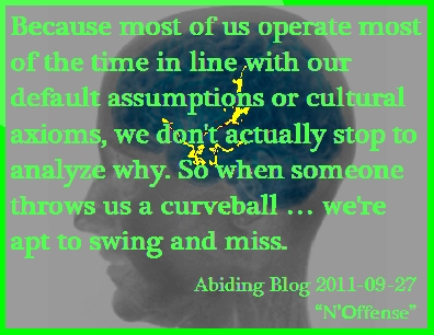 Because most of us operate most of the time in line with our default assumptions or cultural axioms, we don't actually stop to analyze why. So when someone throws us a curveball...we're apt to swing and miss. #PoV #MentalDefault #AbidingBlog2011NOffense